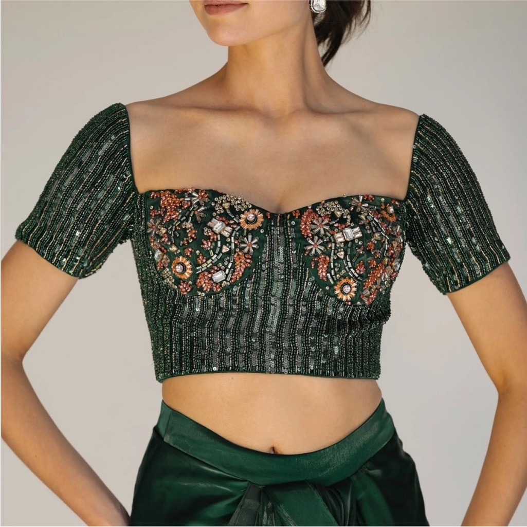 Sani Adya Drape Saree Sequins Top Embellished Dark Green Off-Shoulder Crop Top M